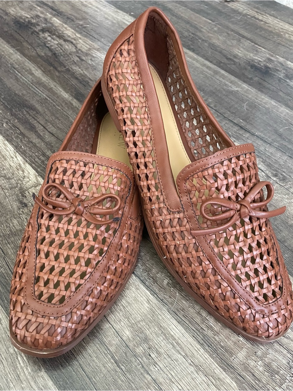 J. Crew Brown Cognac Woven Bow Loafers Flats Sandals Size 8.5